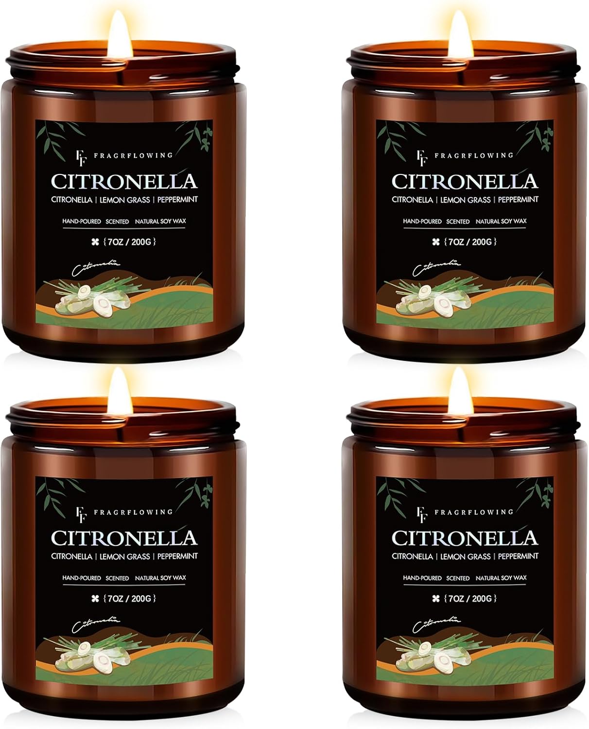 Citronella Candles Set, Indoor Outdoor Lemongrass Scented Candles，Natural Soy Wax Jar Candle, 200-Hour Burn Time, 28 oz (4 Pack)