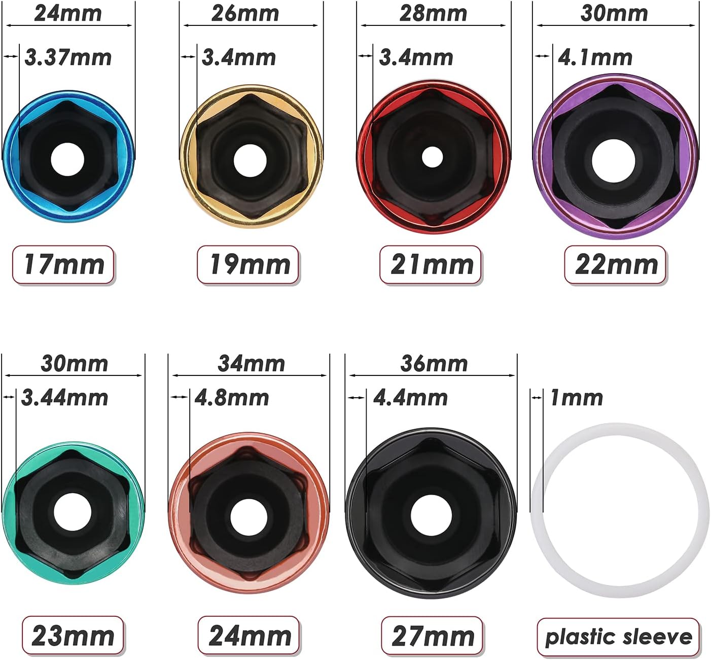 MIXPOWER 1/2" Drive Wheel Protector Impact Socket, 7pcs Thin Wall Deep Impact Socket Set, Durable Plastic Sleeve Lug Nut Socket, 6 Point, Metric, Color-Coded, 17mm, 19mm, 21mm, 22mm, 23mm, 24mm,27mm - Image 4