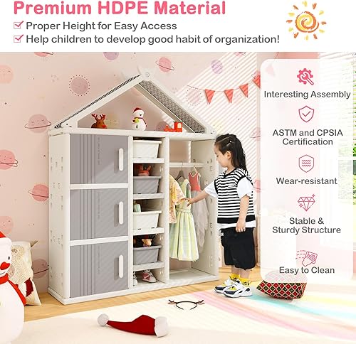 Miniatura 4 de Costzon Armario de almacenamiento de disfraces para niños, armario colgante abierto con cubos de almacenamiento, estantes, cestas laterales, centro
