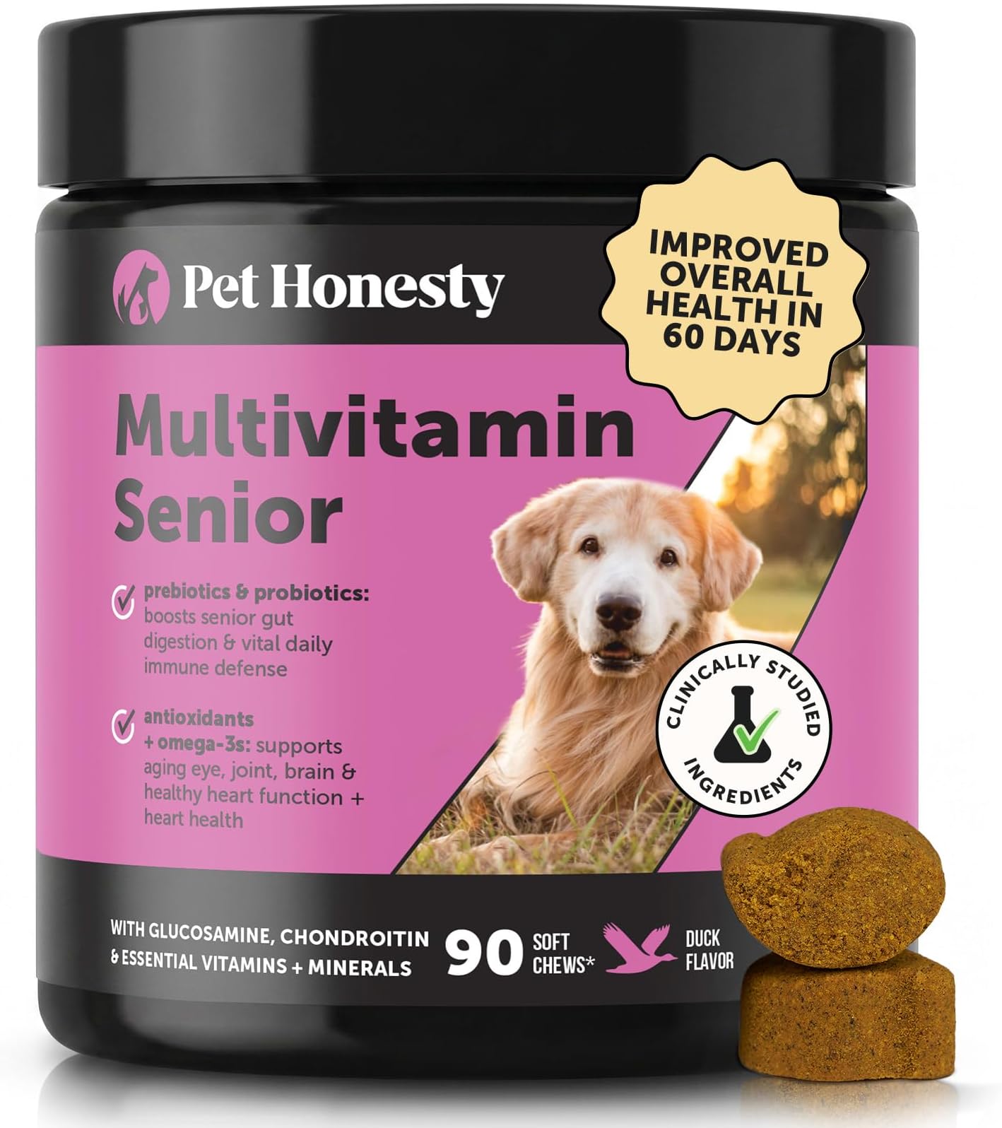 Senior Dog Multivitamin Supplement for Aging Dogs - Hip & Joint Stiffness, Eye Health, Brain & Heart Care - Older Dog Vitamins with Glucosamine & Probiotics - Immune Support & Vitality (Duck, 90 Ct)