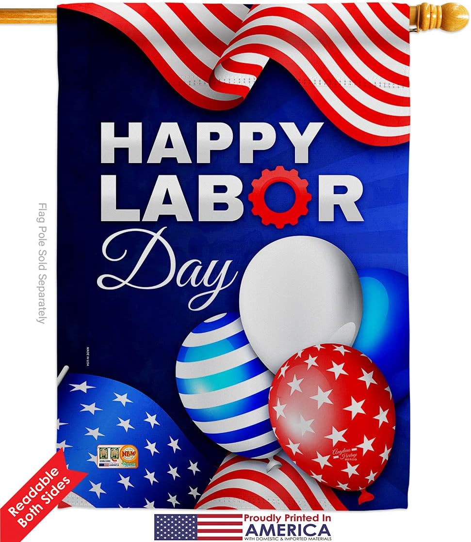 Labor Day Balloon House Flag Set Americana Star and Stripes Patriotism Independence Memorial United State American Small Decorative Gift Yard Banner Double-Sided Made In USA 28 X 40