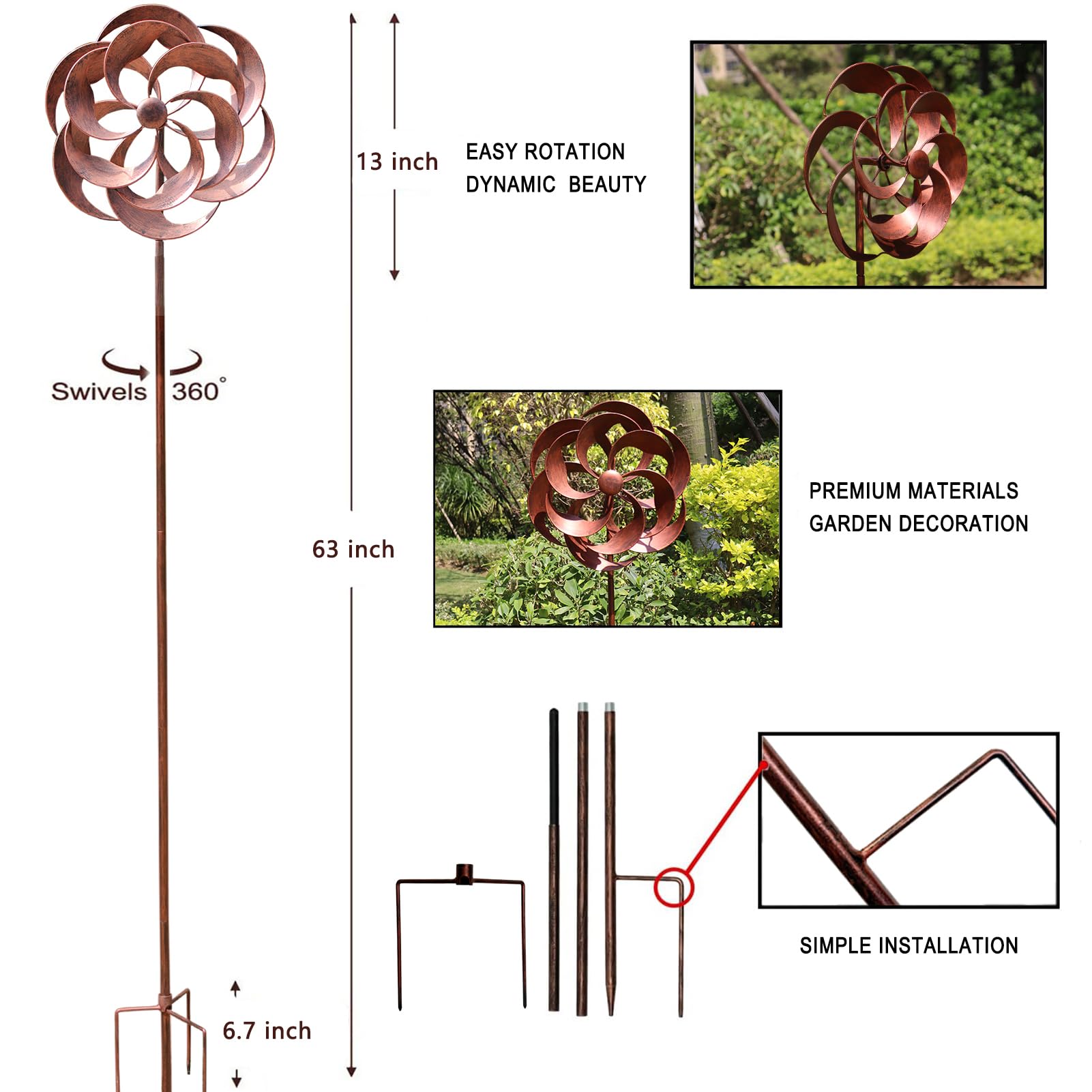 Windspiel für den Garten, Weidenblätter, Metall, Outdoor-Dekoration | Um 360 Grad drehbar, klassisches Design, 160 x 33 cm