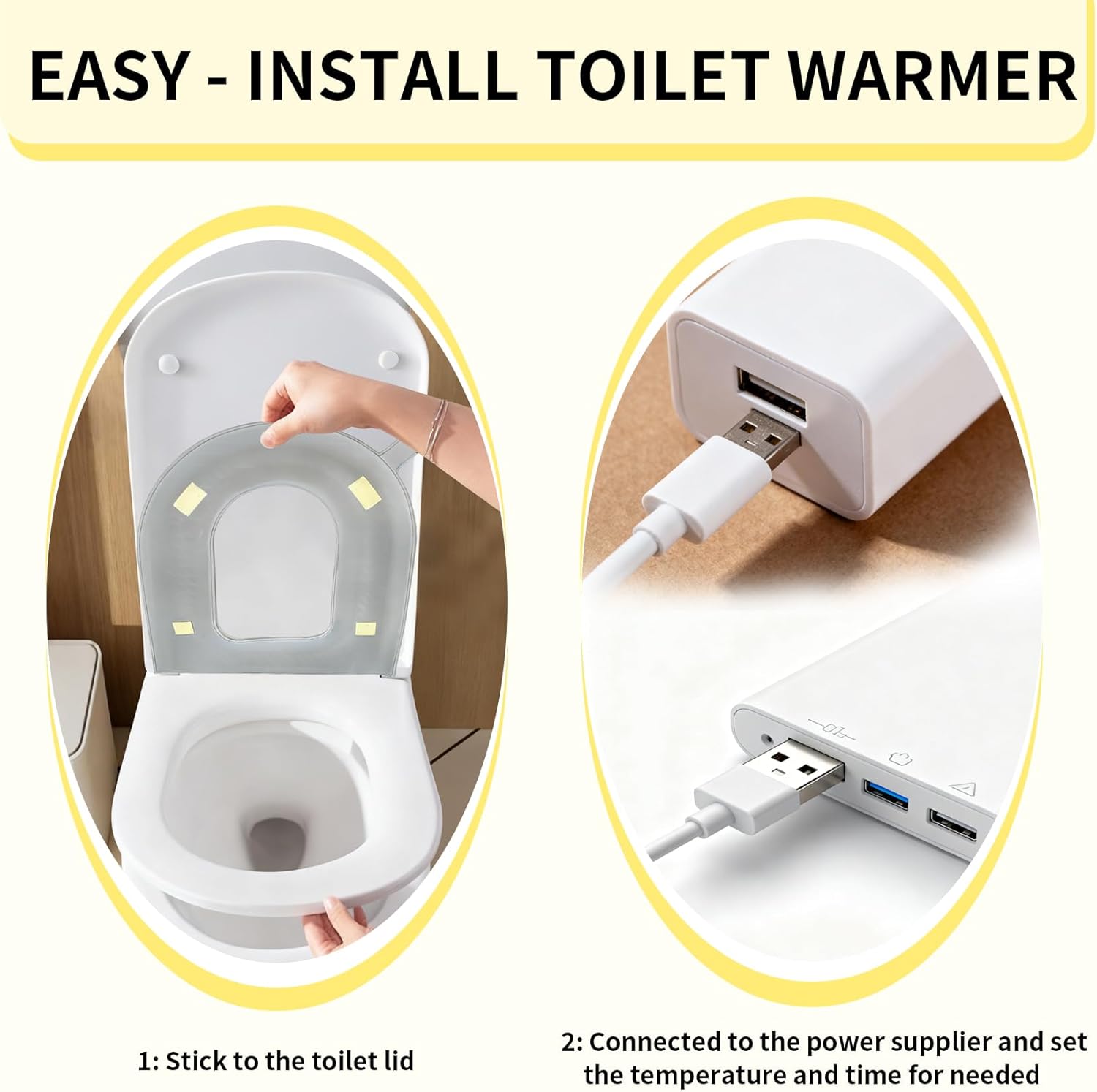 Heated Toilet Seat Cover EASY-CLEAN - Waterproof USB-Powered (Non-Rechargeable) Warmer 3 Temperature Winter Toilet Seat Cover D-Set D