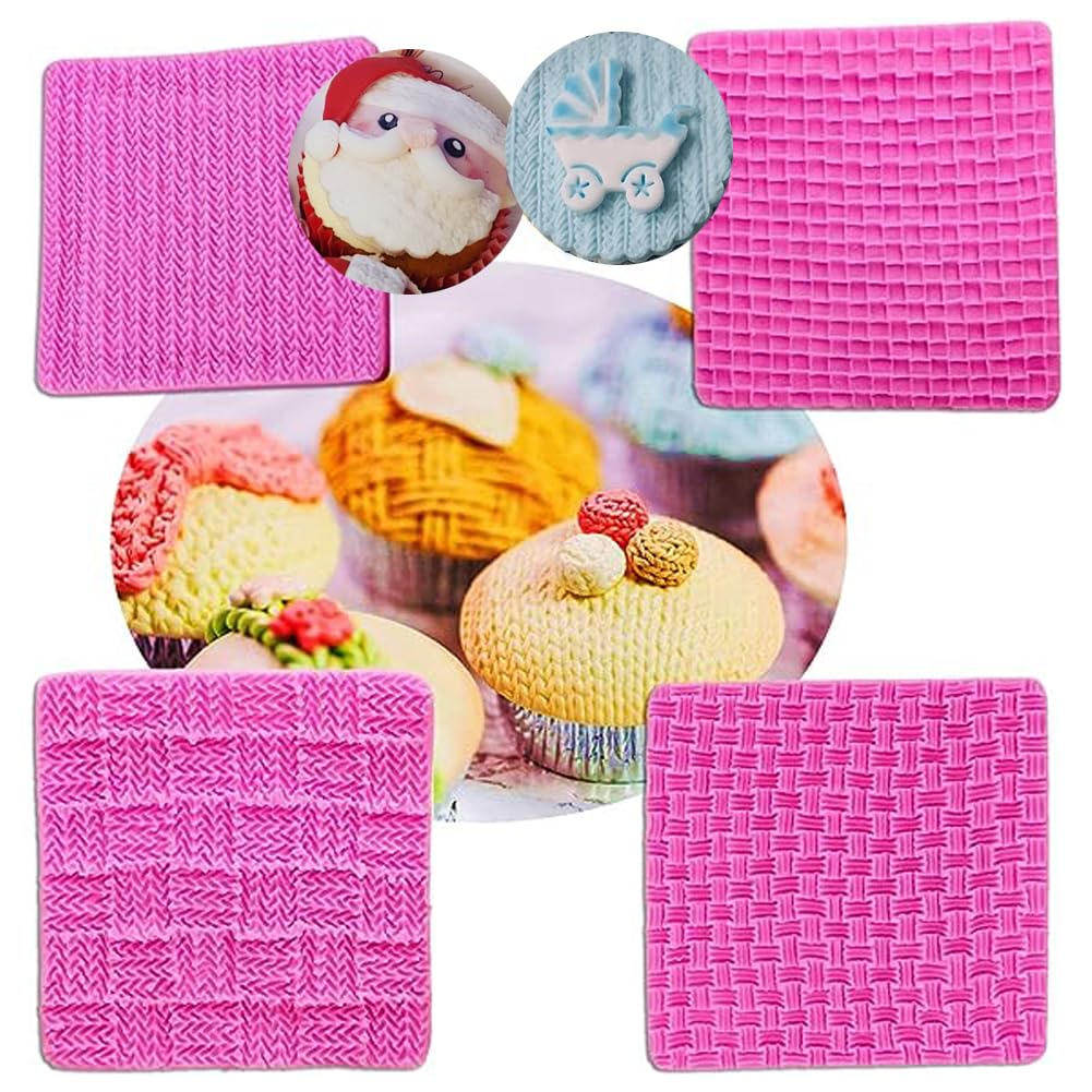4PCS Sweater Pattern Texture Mold Fondant Impression Mat Sweater Texture Design Silicone Cake Decorating Supplies for Cupcake Wedding Cake Decoration