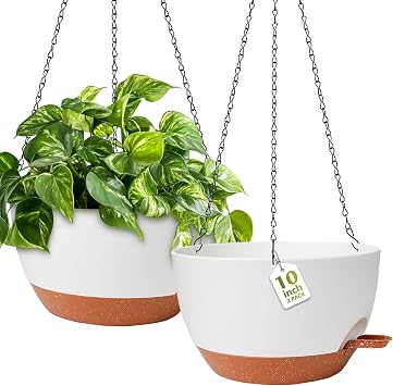 GARDIFE Hanging Planters for Indoor Outdoor Plants, 2 Pack Self Watering Hanging Pot with Drainage Holes & Removable Tray White, 10 inch