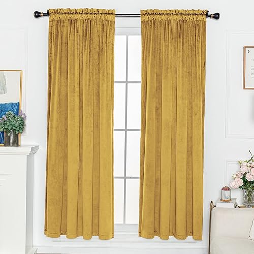 FY FIBER HOUSE Rod Pocket Ring Luxury Velvet Window Curtain Panels Blackout Draperies Heat Insulated Panel Drapes W52 X L84 Inch Set of 2 Panels Gold Yellow