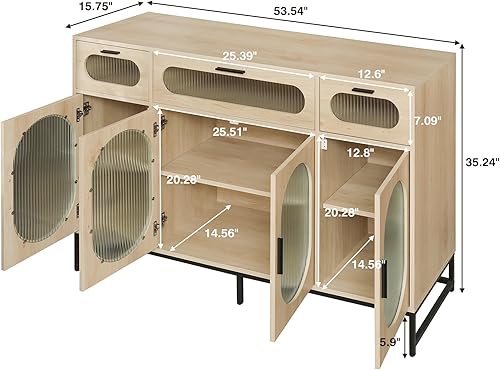 Miniatura 2 de Aparador de cocina con 3 cajones y 4 puertas de cristal, mesa consola grande con estantes ajustables, armario de almacenamiento independiente para