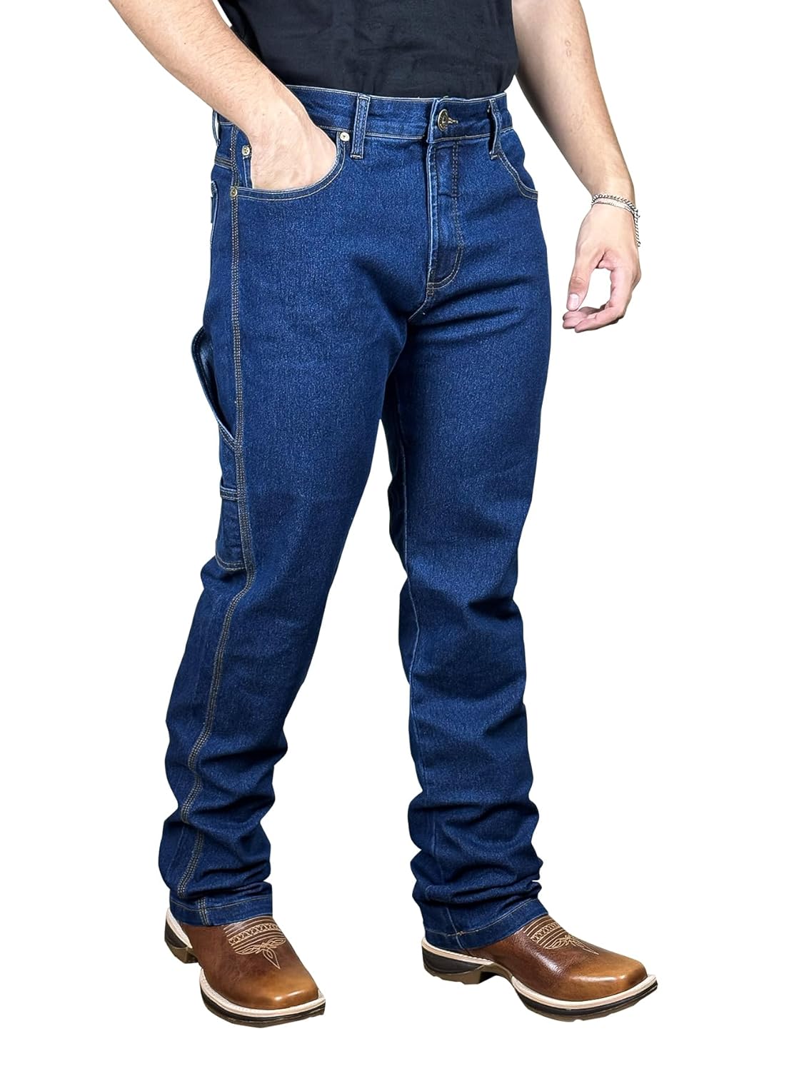 Calca Jeans Country Carpinteira Masculina Barra Larga Texana Americana Elastano Pura Raça