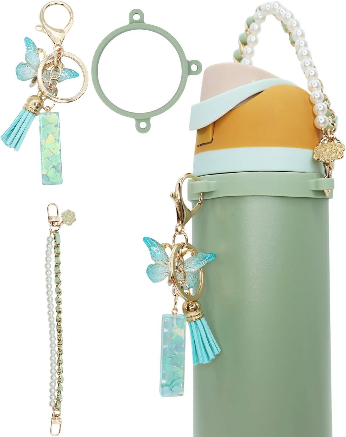 Letter Accessories for Owala Water Bottle 24-40oz, 3PC Cute Initial Keychain & Water Bottle Handle Strap with a Thick Elastic Silicone Ring Holder