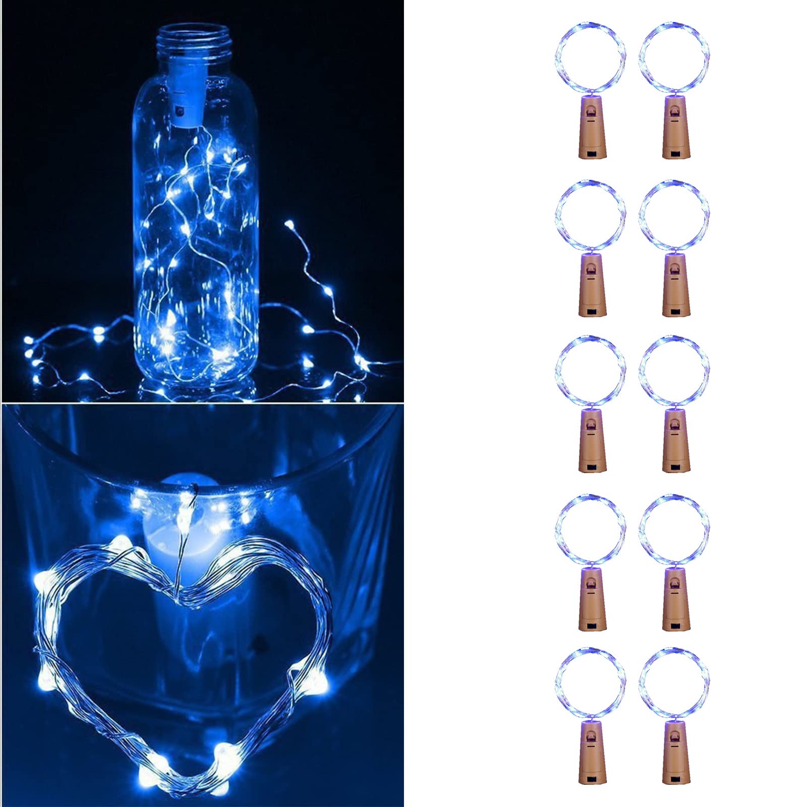 Guezuvoru Bottle Lights with Cork, 10 Pack 6.6ft 20 LED Wine Bottle Lights, Waterproof Silver Wire Lights, Bottle Fairy Lights for Christmas Wedding Party Mason Jar Decoration- Blue