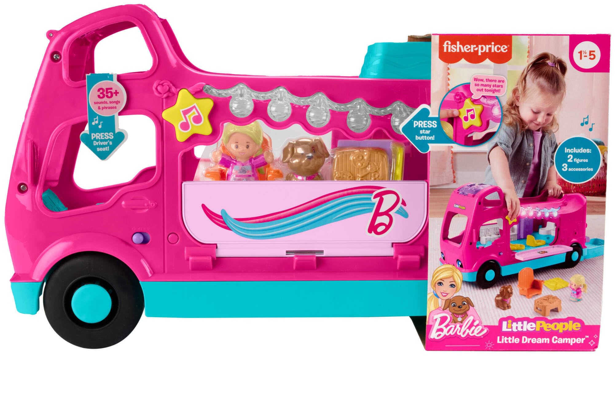 Fisher-Price Little People Barbie Little Dreamcamper, Set de Juego con Autocaravana, Mini muñeca, Figura de Perro y Muebles, con Luces, Sonidos, Juguete Regalo para niños y niñas +18 Meses, HYR85