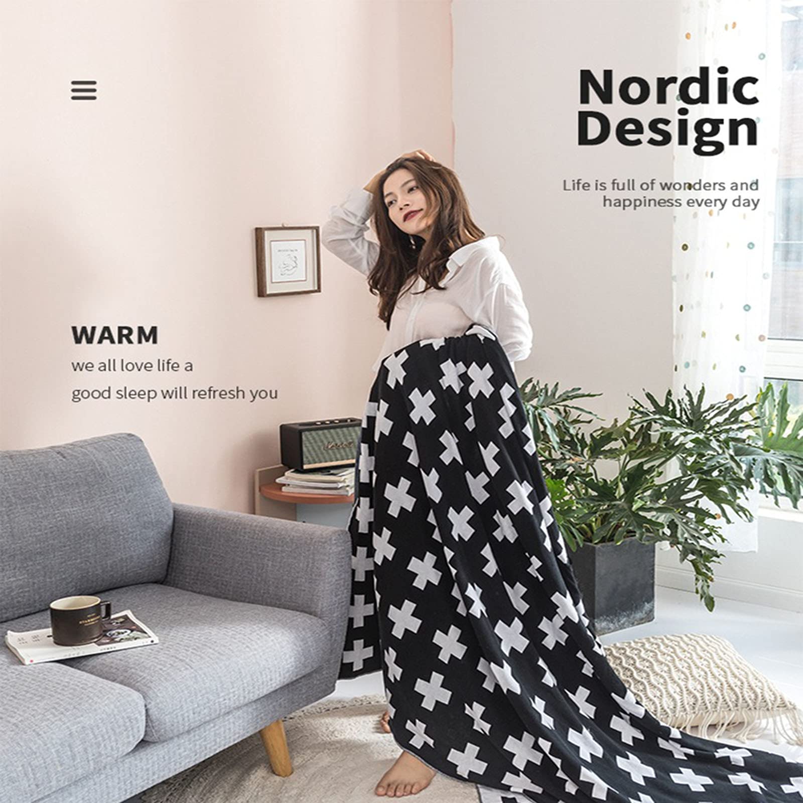 Wendbare Decke aus 100 % Baumwolle, für Sofas, Sofas, Sofas, 90 x 110 cm, gemütlich, warm, doppelseitig, Schwarz und Weiß, Design für Kinder, Sofa, Bett, Couch (2,90 x 110 cm)