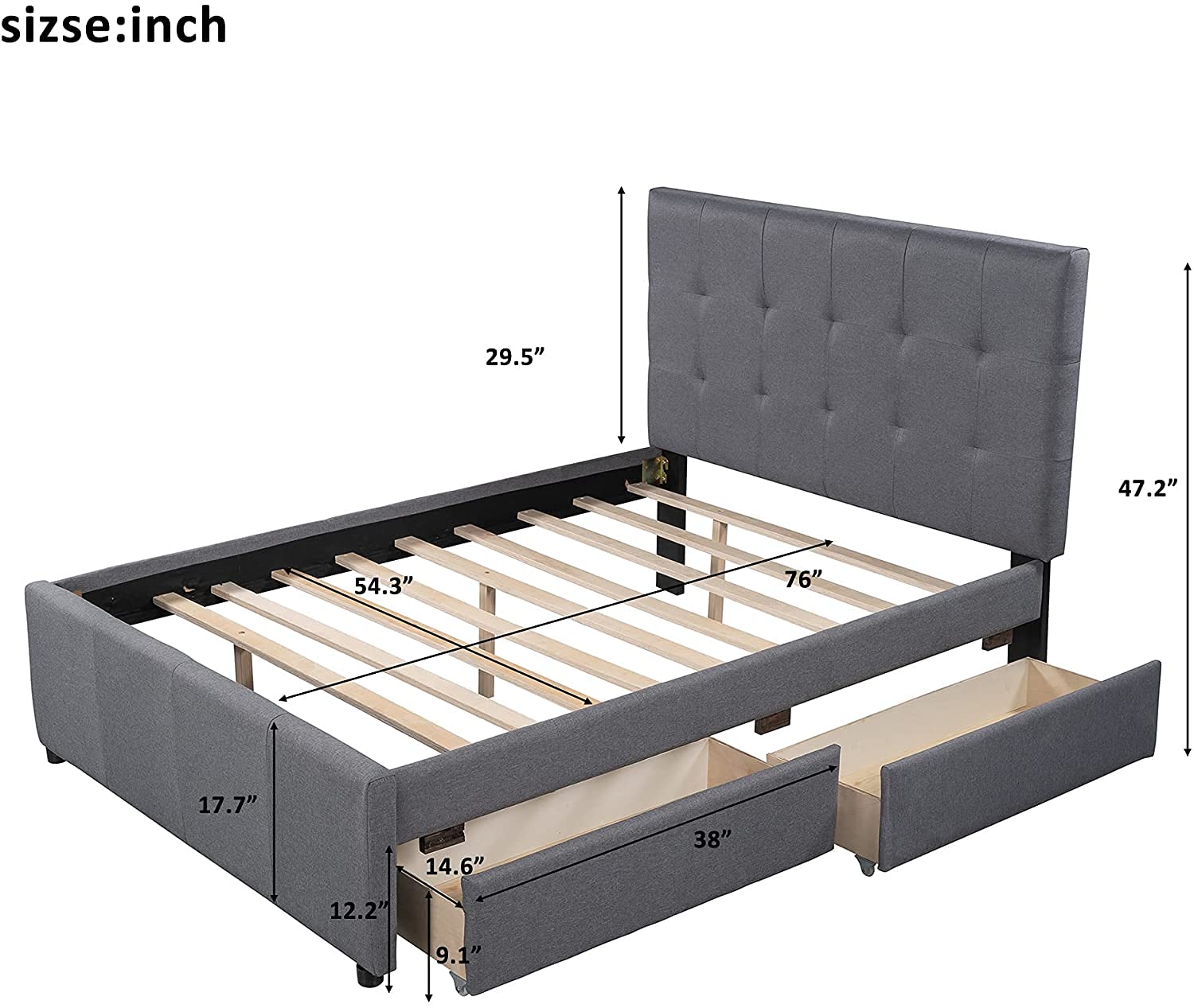 Full Upholstered Platform Bed with Headboard and Two Drawers ,Linen Full Platfrom Bed Frame with Storage for Kids Teens,No Box Spring Needed (Full ,Grey+2 Drawers)