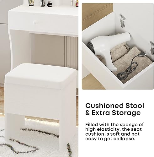 Miniatura 6 de LIKIMIO Escritorio de tocador con espejo iluminado LED, toma de corriente y 4 cajones, juego de mesa de maquillaje con taburete de almacenamiento y