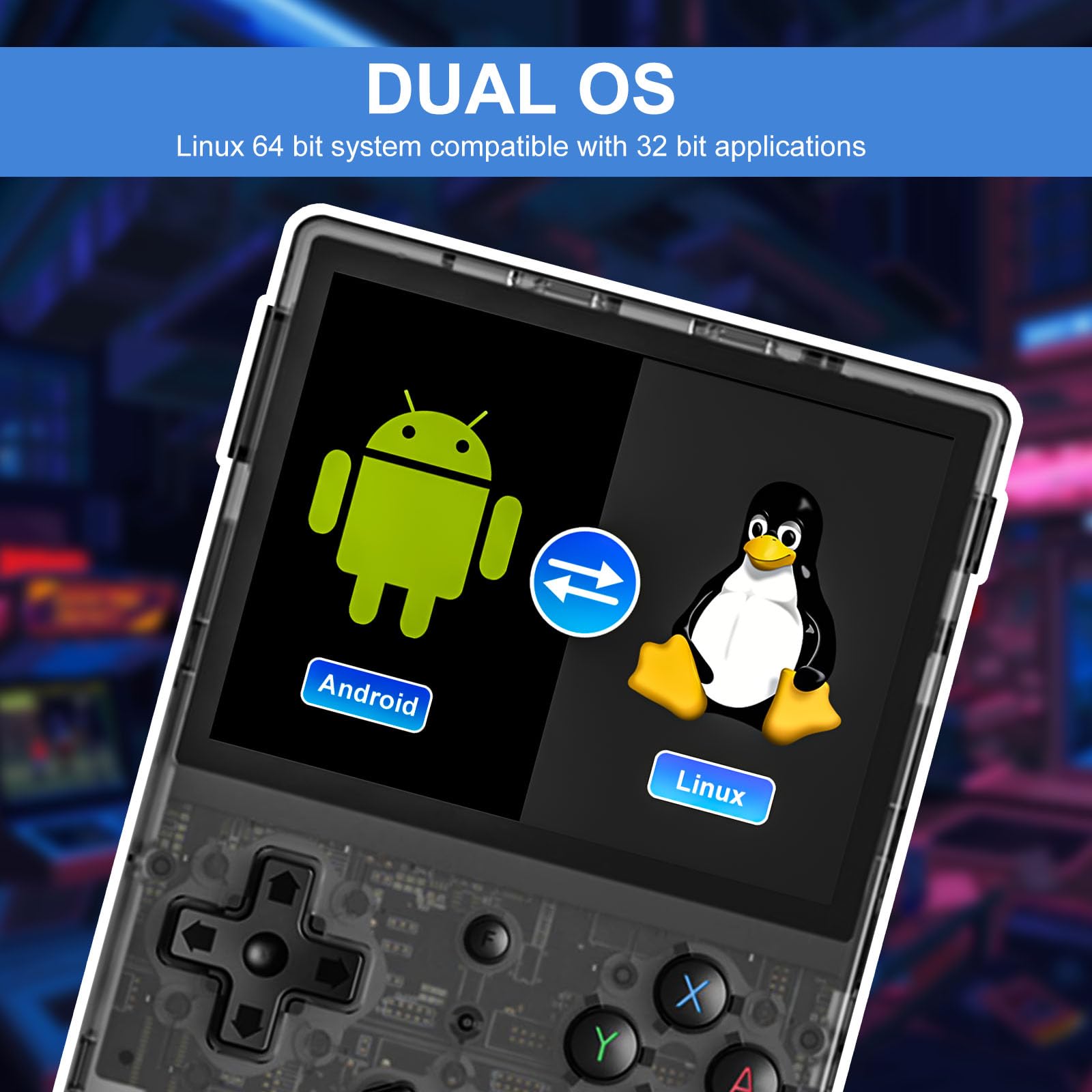 ANBERNIC RG353V Console de Jeu Portable Compatible avec Dual OS Android 11 et système Linux, Prise en Charge 2.4G/5G WiFi 4.2 Bluetooth 64G SD Card, Batterie Haute capacité 3200 mAh, Noir Transparent