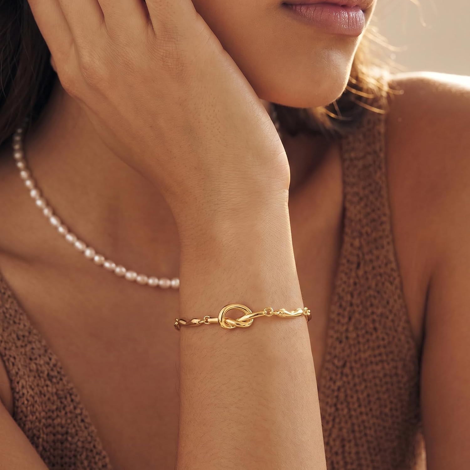 18K Gold/Silver Plated Knot Bracelet for Women, Minimalist Tie Design Bangle, Non Tarnish Waterproof Dainty Gold Bracelet, Elegant Jewelry Gift for Her