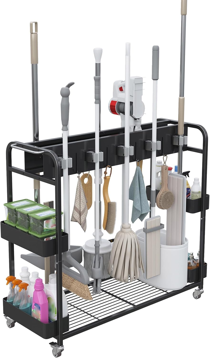 Broom and Mop Holder with Cleaning Supplies Organizer (Black)