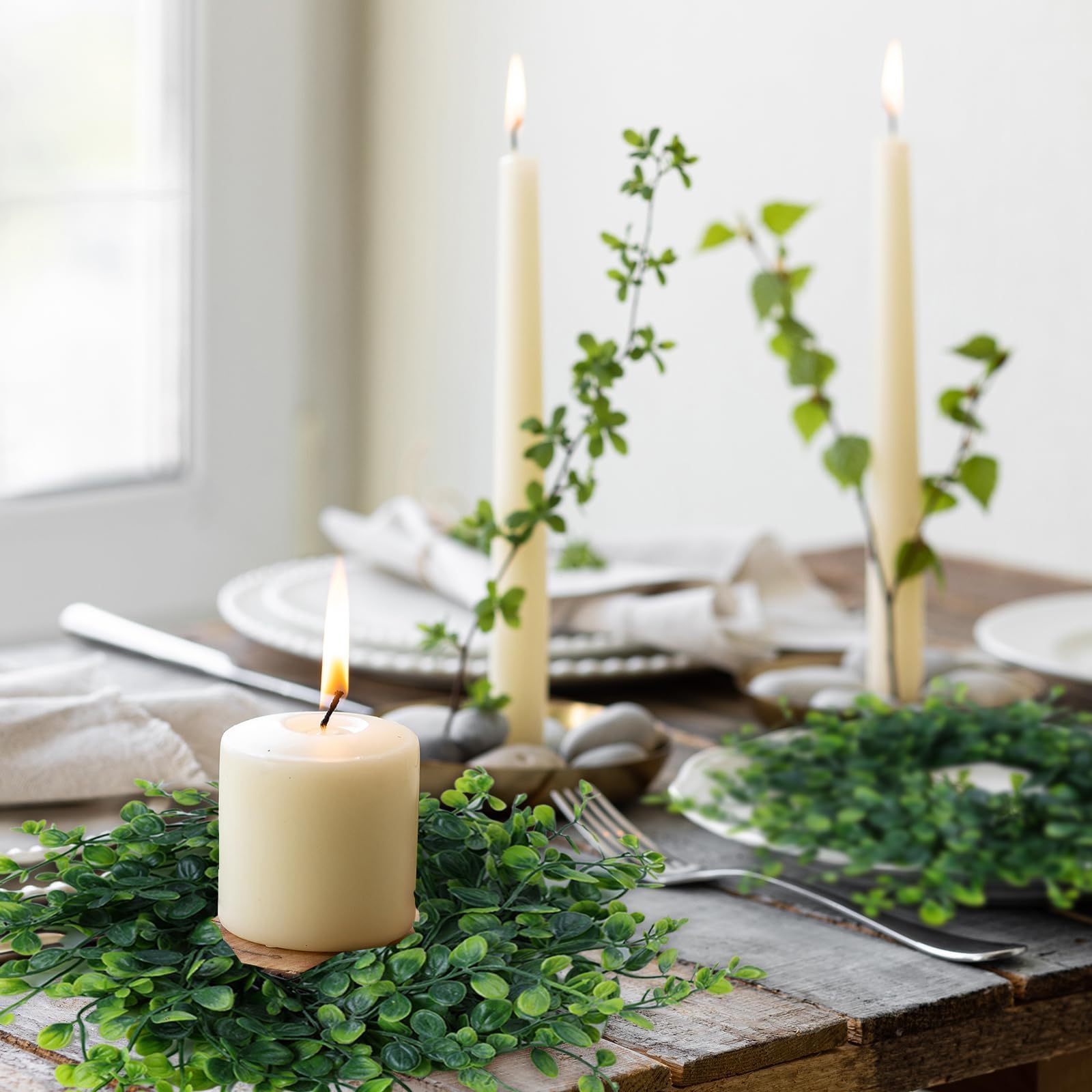 Kerzenringe für Frühling und Sommer, grüne Buchsbaumkränze, 7,6 cm, grüne Buchsbaumkerzenringe, Säulen, Küchenschrank, Kränze, Mini-Kerzenkranz für Hochzeit, Party, Dekoration, 4 Stück