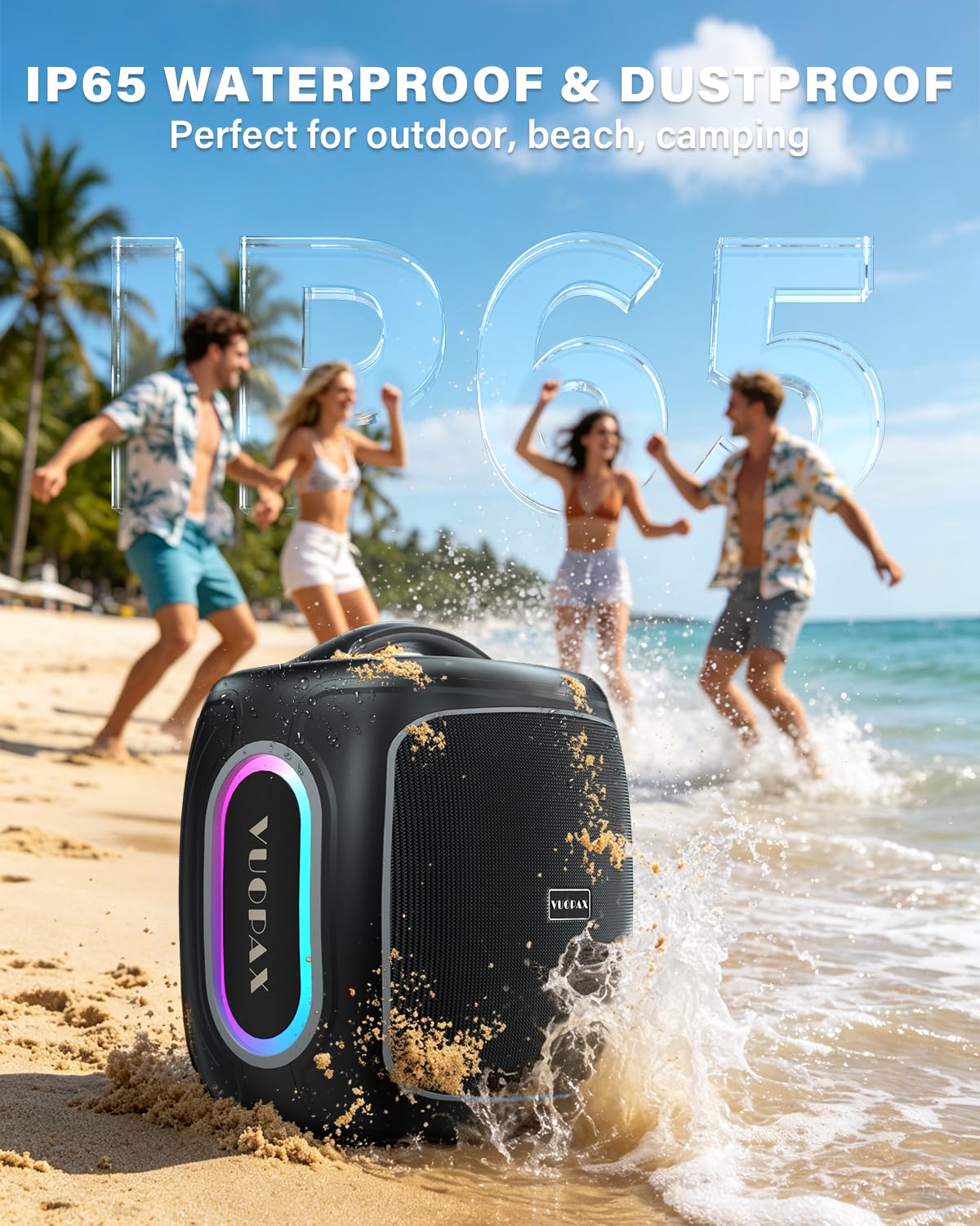 Enceinte Bluetooth Puissante 120W Crête, Grande Enceinte avec Basses Renforcées, Poignée de Transport, Autonomie 30h, Bluetooth 5.4, IP65 Étanche, TWS, RGB, pour Camping, Jardin et Fête