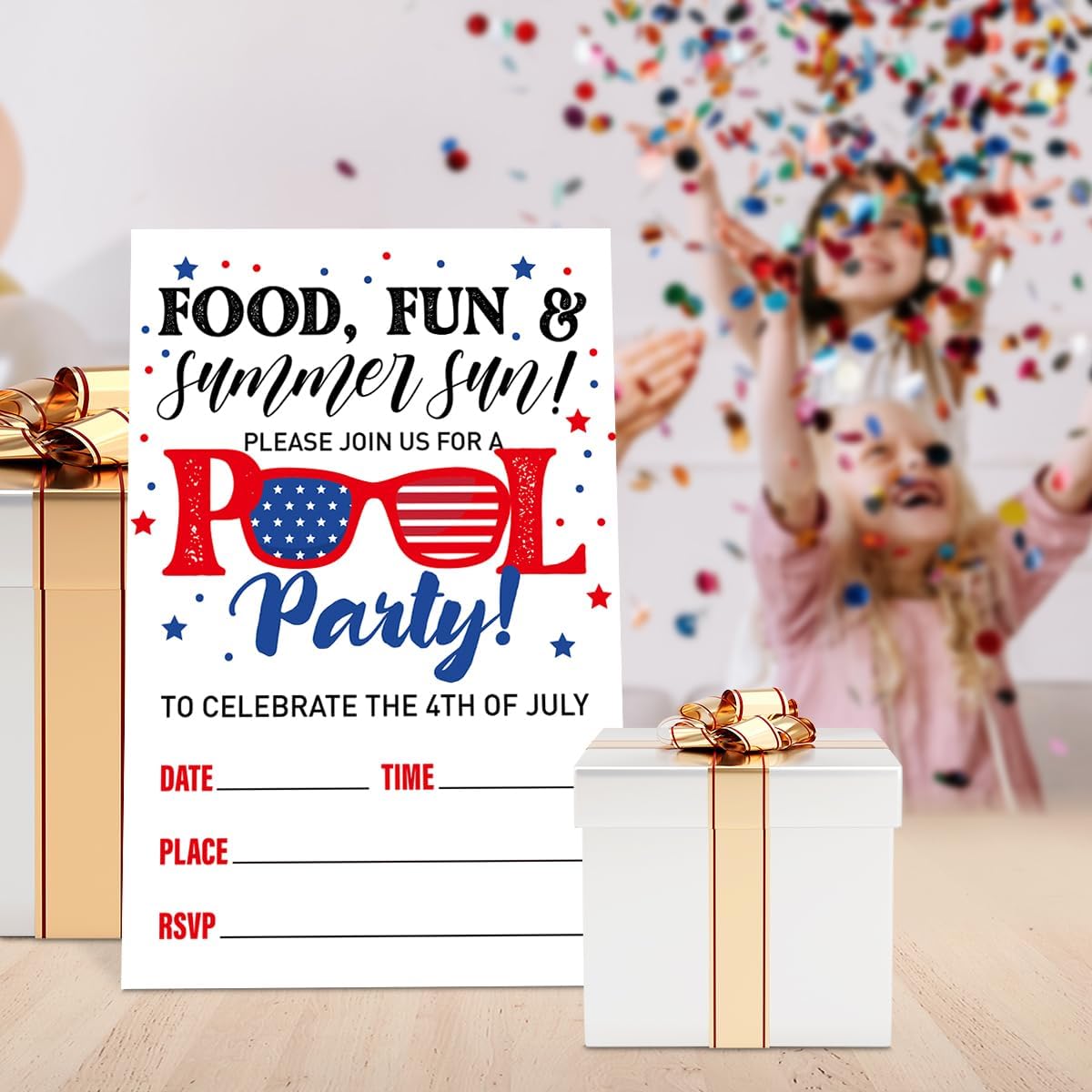 4th of July Invitations Pool Party with Envelopes, Summer Party Patriotic Invites, Independence day Invite Cards, Food Fun & Summer Fun, 4"x6" Set of 20