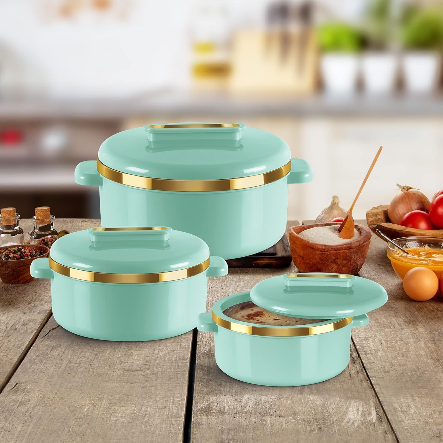 Inner Stainless Steel Casserole Food Grade Easy to Carry Easy to Store Chapati Roti Curd Maker Make food hot. Colour: (Light Green) (Set of 3) (500ml, 1000ml, 1500 ml)