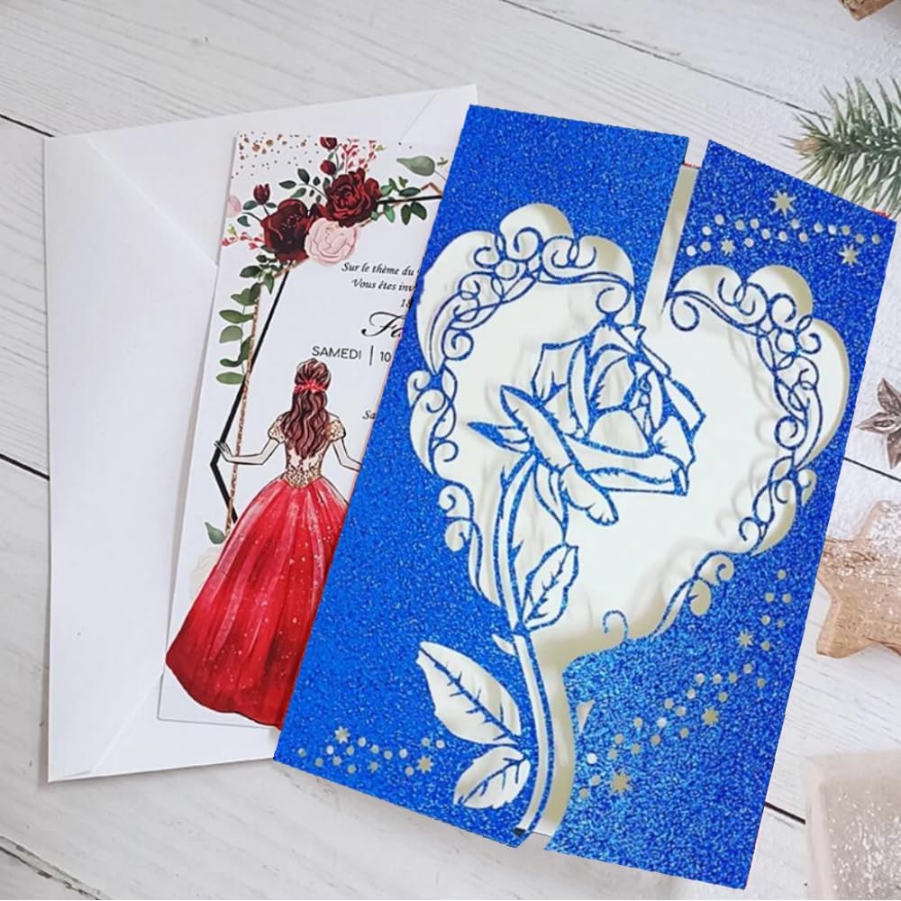 50 sets Glitter Red Romantic Mother's day Greeting Card Laser Cut Rose Quinceanera Invitation Card DIY Sweet 15 Birthday Party Invites with Blank Insert and Envelopes (RED)