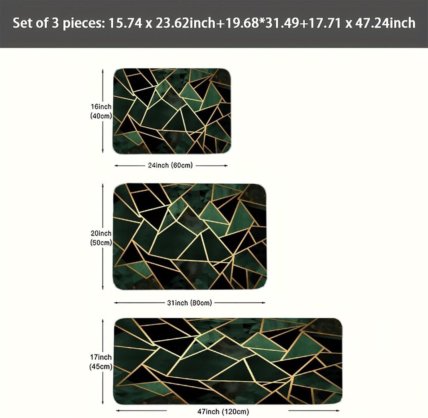 Black and Gold Geometric Kitchen Rugs Sets of 3 Non Slip Kitchen Mat for Floor Comfort Standing Rug and Mats Thick Cushioned Long Area Carpets for Laundry Room Entryway