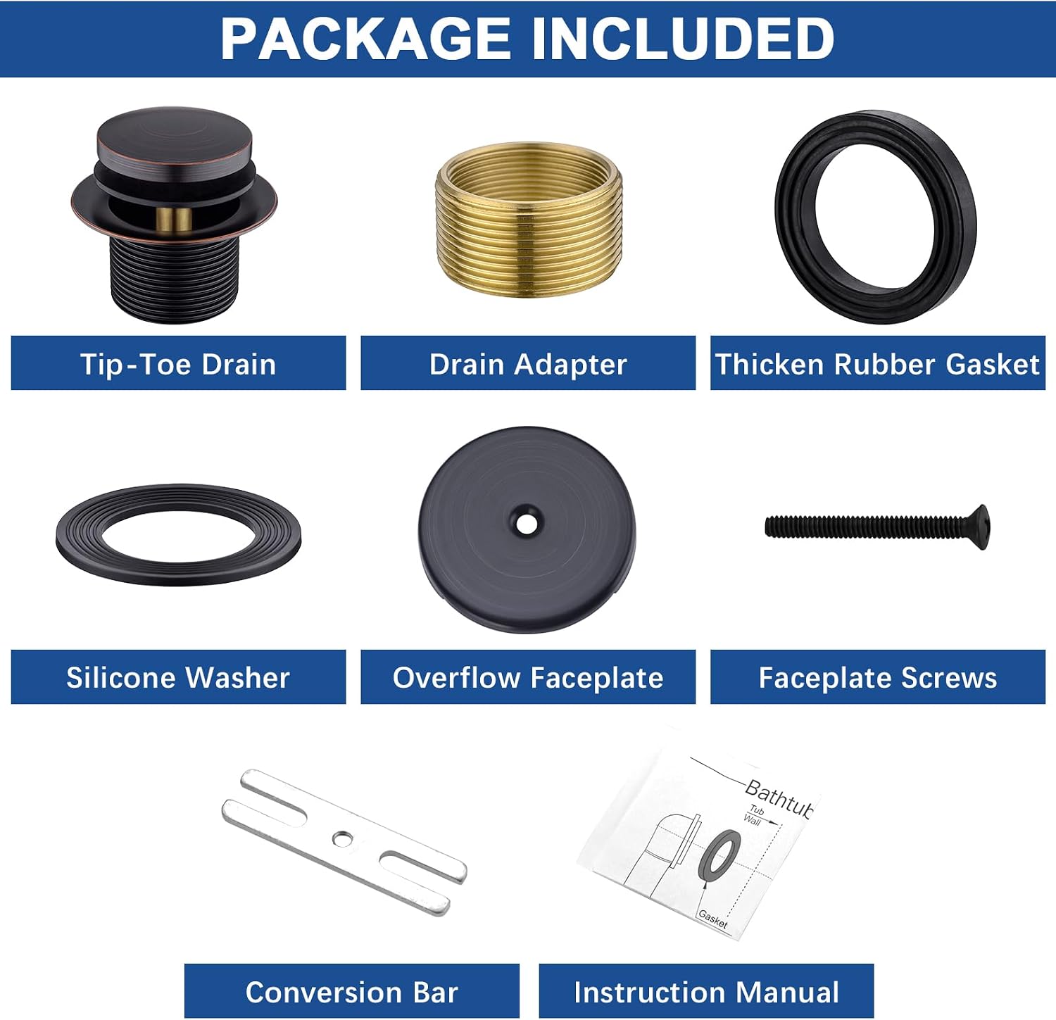 Brass Tip-Toe Tub Drain Kit, Oil Rubbed Bronze Tub Drain and Overflow Kit with Single Hole