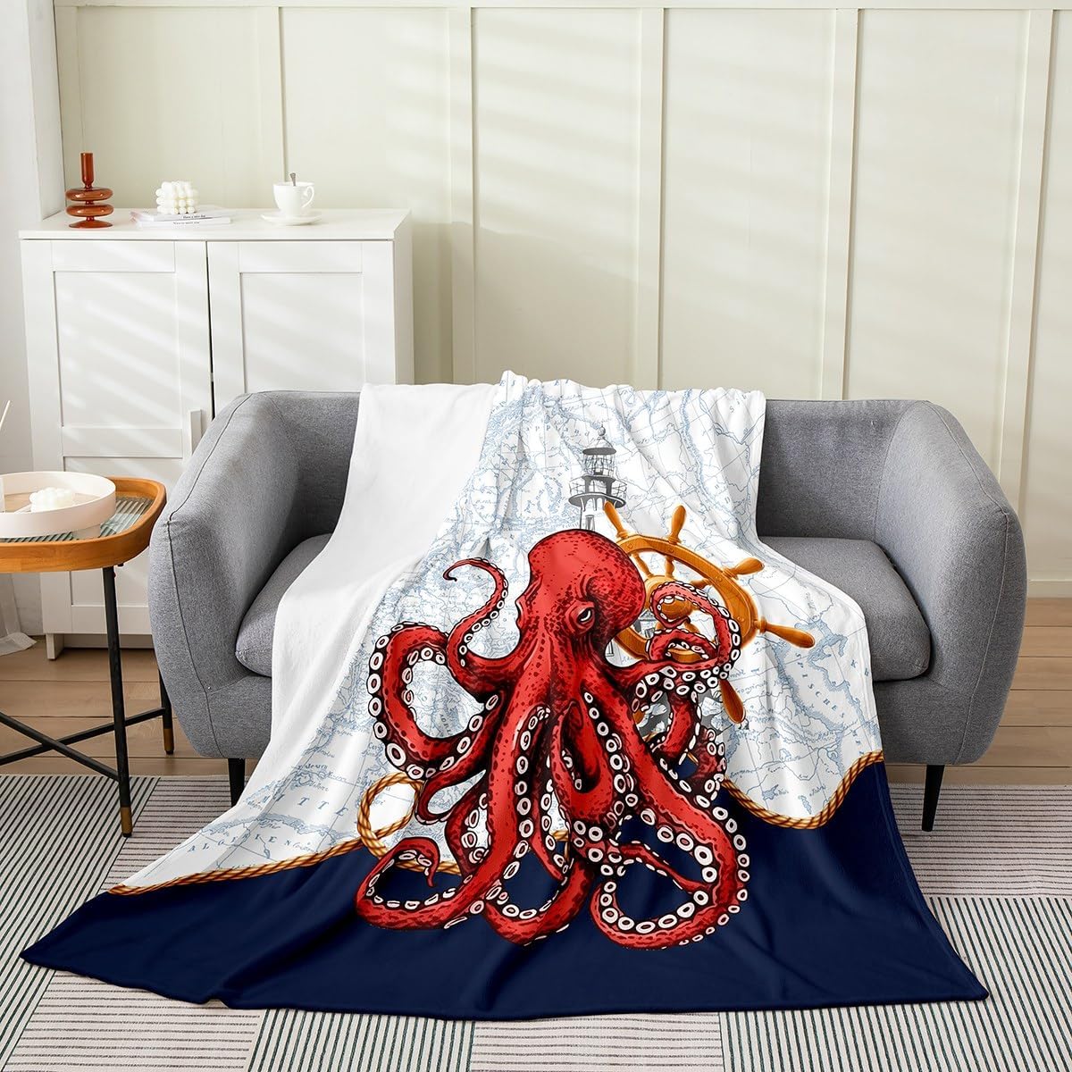 Octopus Fleece Blanket,Marine Life Undersea Animal Bed Blanket for Kids Teens,Ocean Adventure Nautical Anchro Rudder Lighthouse Flannel Blanket for Room Decor,Queen 90"x90"