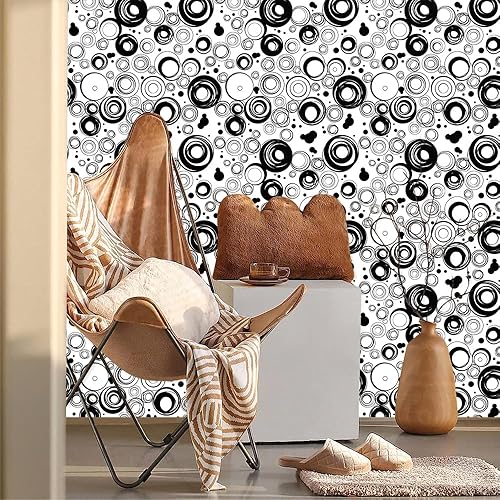 Miniatura 2 de VistaPalette - Papel tapiz moderno de 18 x 236 pulgadas, diseño de círculos en negro y blanco, fácil de despegar, vinilo vintage, autoadhesivo,