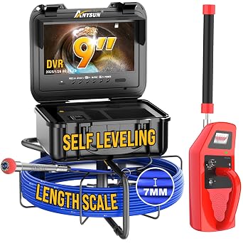 Anysun Sewer Camera Self Leveling with Locator, 7MM Stronger Pushrod, Meter Marker, 32GB Card, 9 HD Monitor, 100Ft/30M Sewer Pipe Drain Inspection Camera IP68 with DVR Industrial Borescope Snake