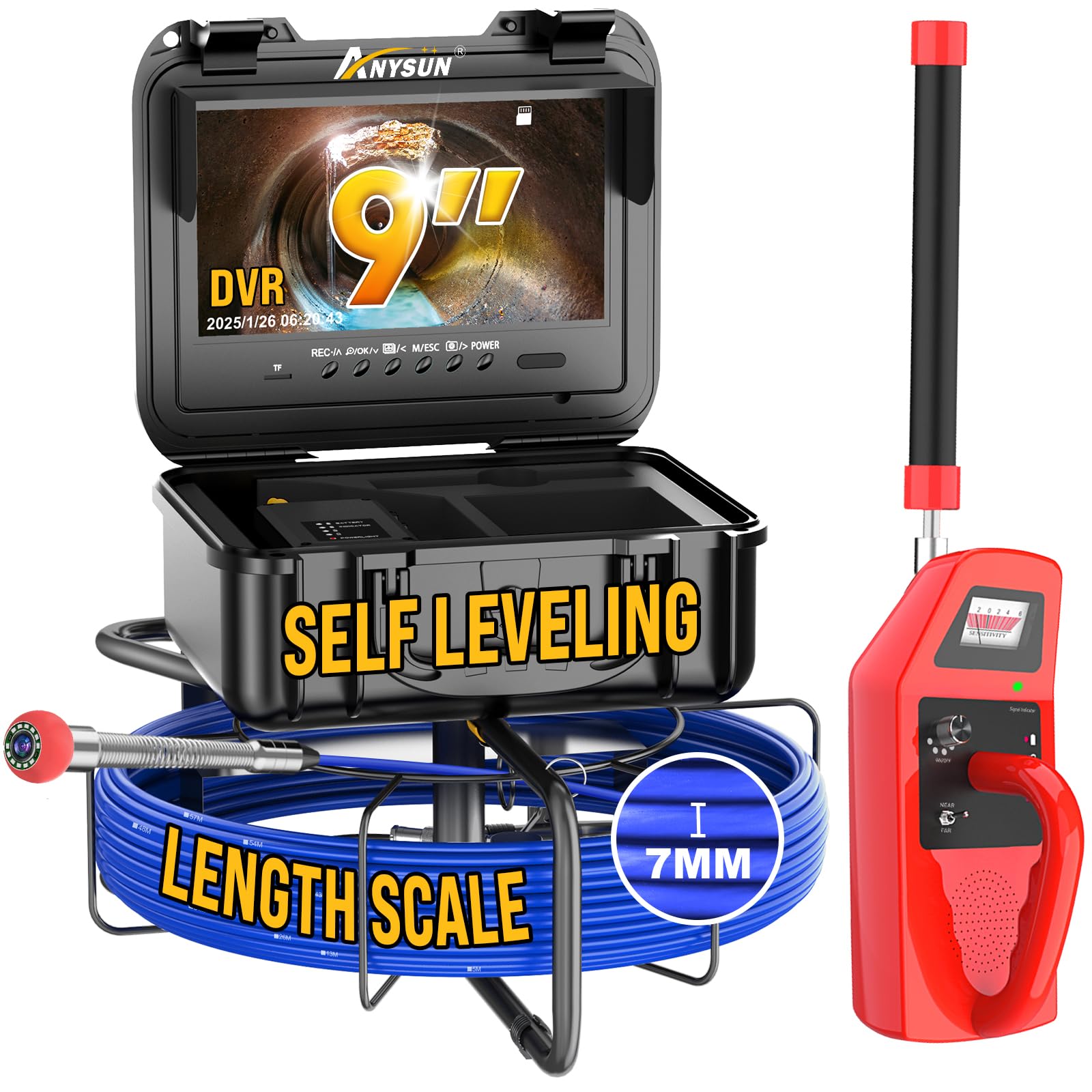 Anysun Sewer Camera with Locator, Self Leveling, Distance Counter, 7MM Thicker Cable, Pipe Inspection Cameras with 9'' 1080P Monitor, Video Drain Cam