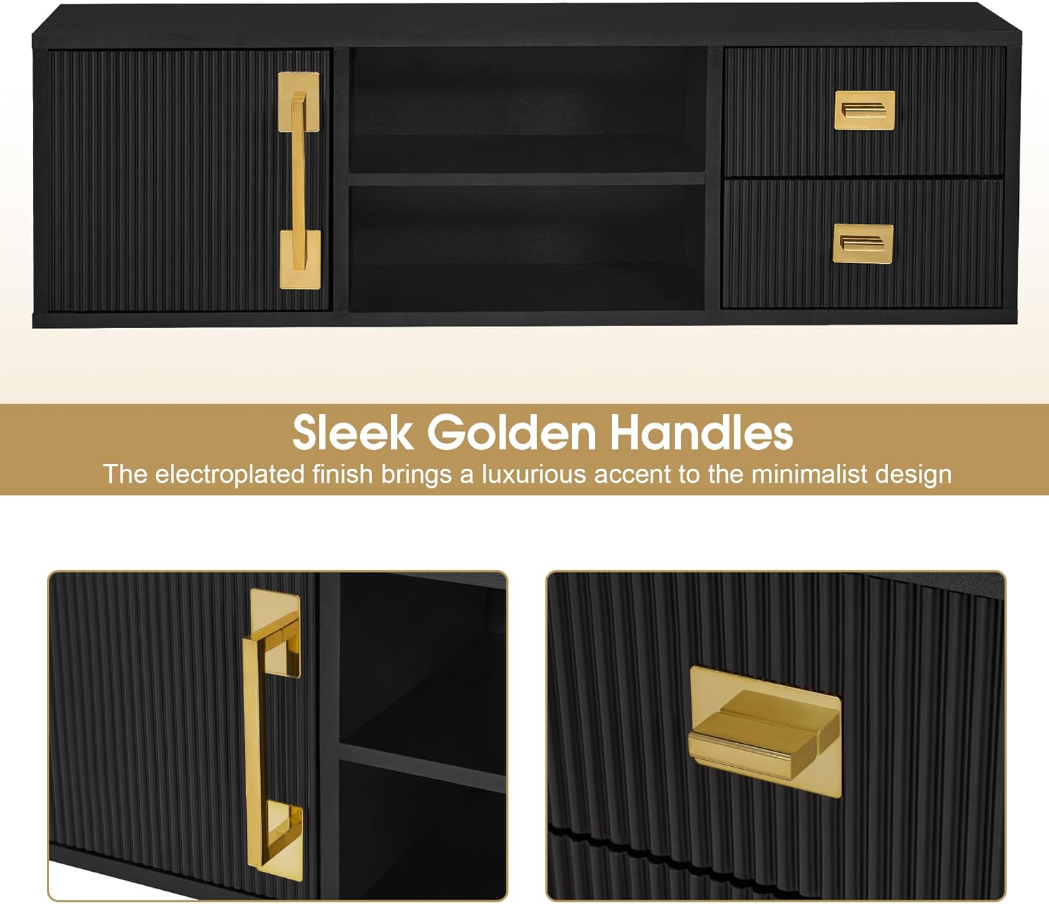 BarberPub Wall-Mounted Barber Station with Golden Handles, Storage Drawers, Open Shelves, Modern Hanging Storage Organizer for Barber Shop or Salon 2504