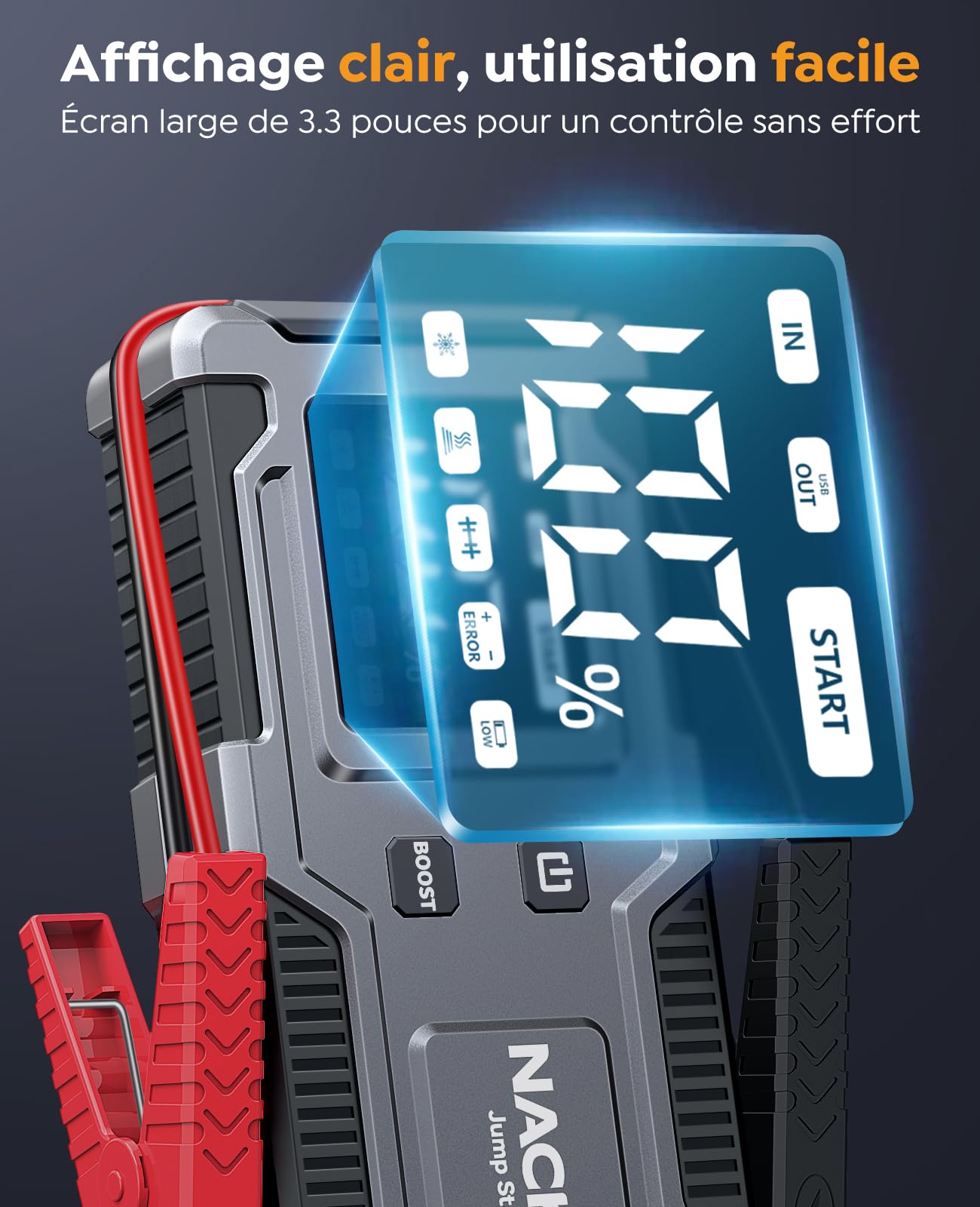 8000A Booster Batterie Voiture,Démarreur de Voiture (Jusqu’à 9 L Essence et 7 L Diesel),Jump Starter 12V avec Câbles de Démarrage Intégrés, Lampe LED et Écran LCD, Adapté aux Motos, SUV et Tondeuses