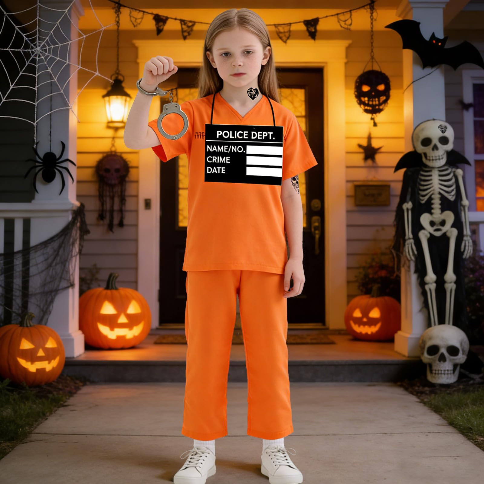 Dacnod Orange Convict Fancy Dress Outfit for Boys Girls Prisoner Costumes with Handcuffs Sticker Orange Jail Costume Halloween Fancy Dress - Image 4