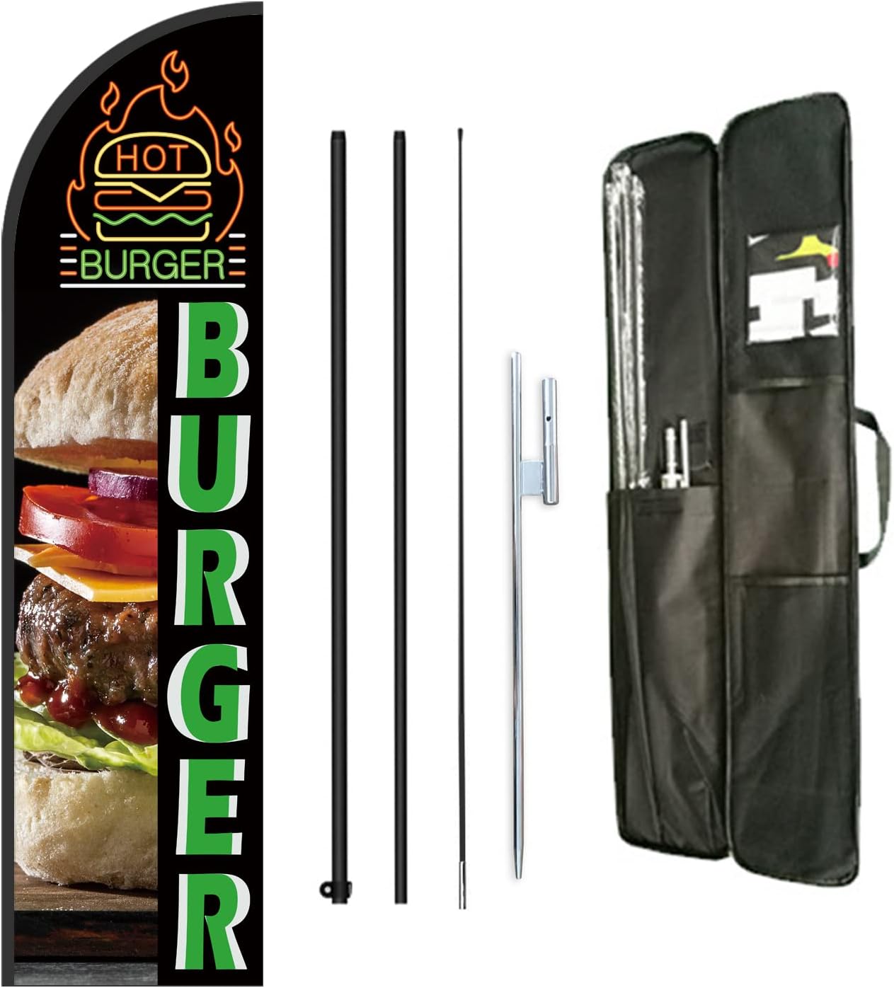 Burger Feather Flag Pole Kit,Business Advertising For Hamburg Food Store Include 8 Feet Banner Flags and 12 Feet Flag Pole Kit,Heavy Duty Ground Stake and Portable Travel Bag