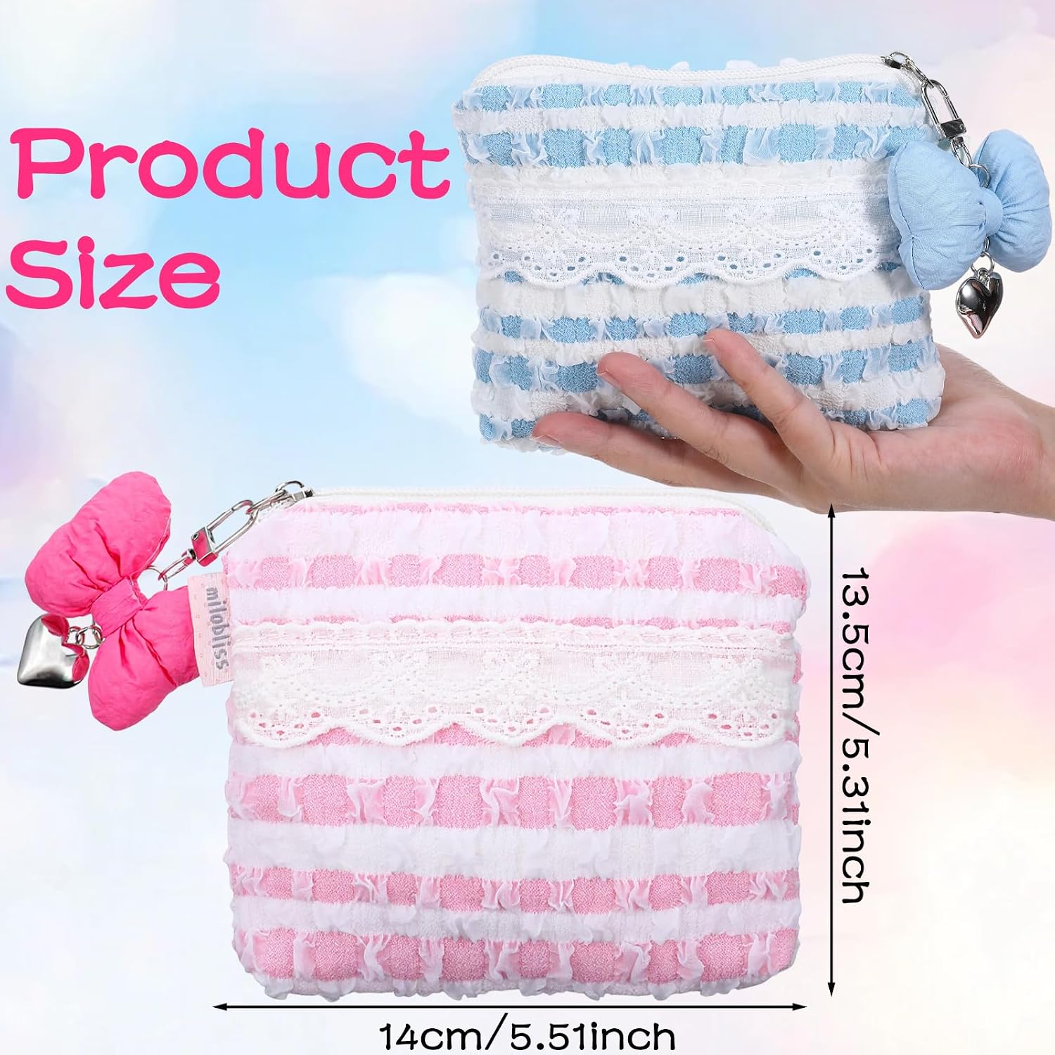 2 PCS Cotton Quilted Bow Coin Purse, 6 x 4.3 In Small Makeup Bag image 2
