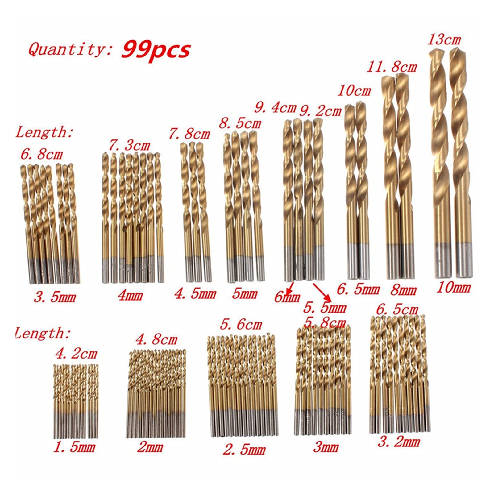 punte del router 99 set di punte da trapano rivestiti in titanio da 1,5-10mm, bit di torsione manuale ad alta velocità in acciaio ad alta velocità, for la perforazione di legno, plastica e a