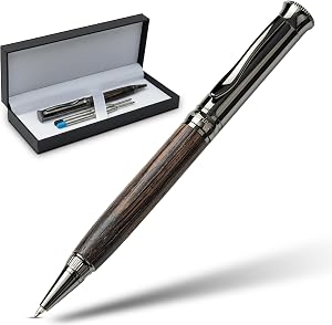 Wanderings Ballpoint Pen with German Ink – Beautifully Balanced for a Smooth Writing Experience - Gunmetal and Real Wood Barrel - Includes 2 German Ink Refills in a Giftable Presentation Case
