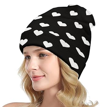 Amazon.co.jp: ニットキャップ ラブ 柄 ハート柄 黒白 ビーニー