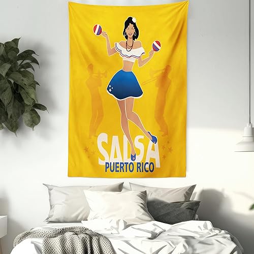Miniatura 7 de Lunarable Tapiz de Puerto Rico, chica bailarina de salsa con silueta de trombonista y trompetista de Maracas en el fondo, colgante de pared para