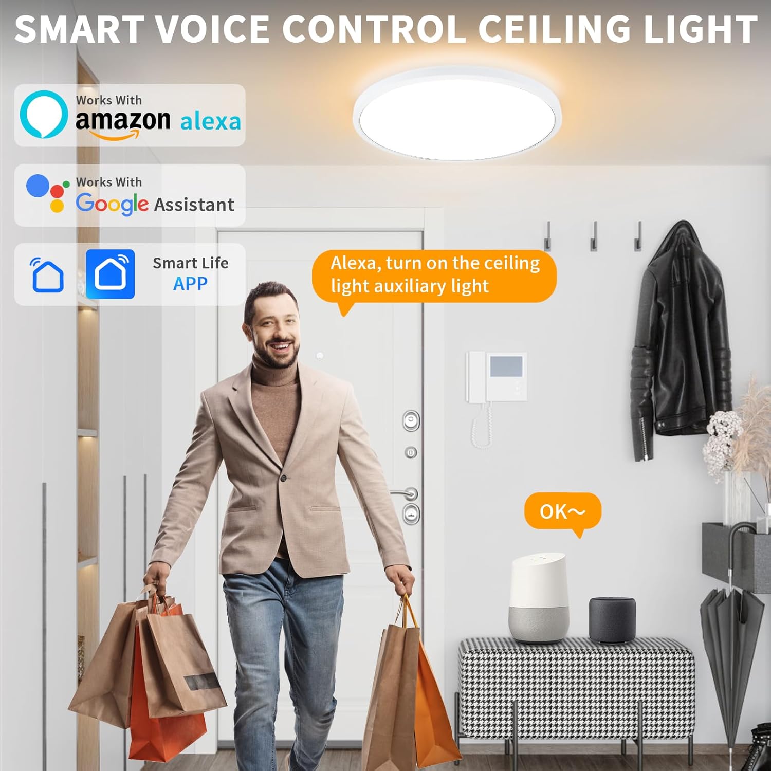 12 Inch Flush Mount Ceiling Light Fixtures with Remote Control & Night Lights, 2700K-6500K Dimmable LED Modern Ceiling Lamp, Works with Alexa & Assistant for Kitchen Bedroom Living Room Dining Room