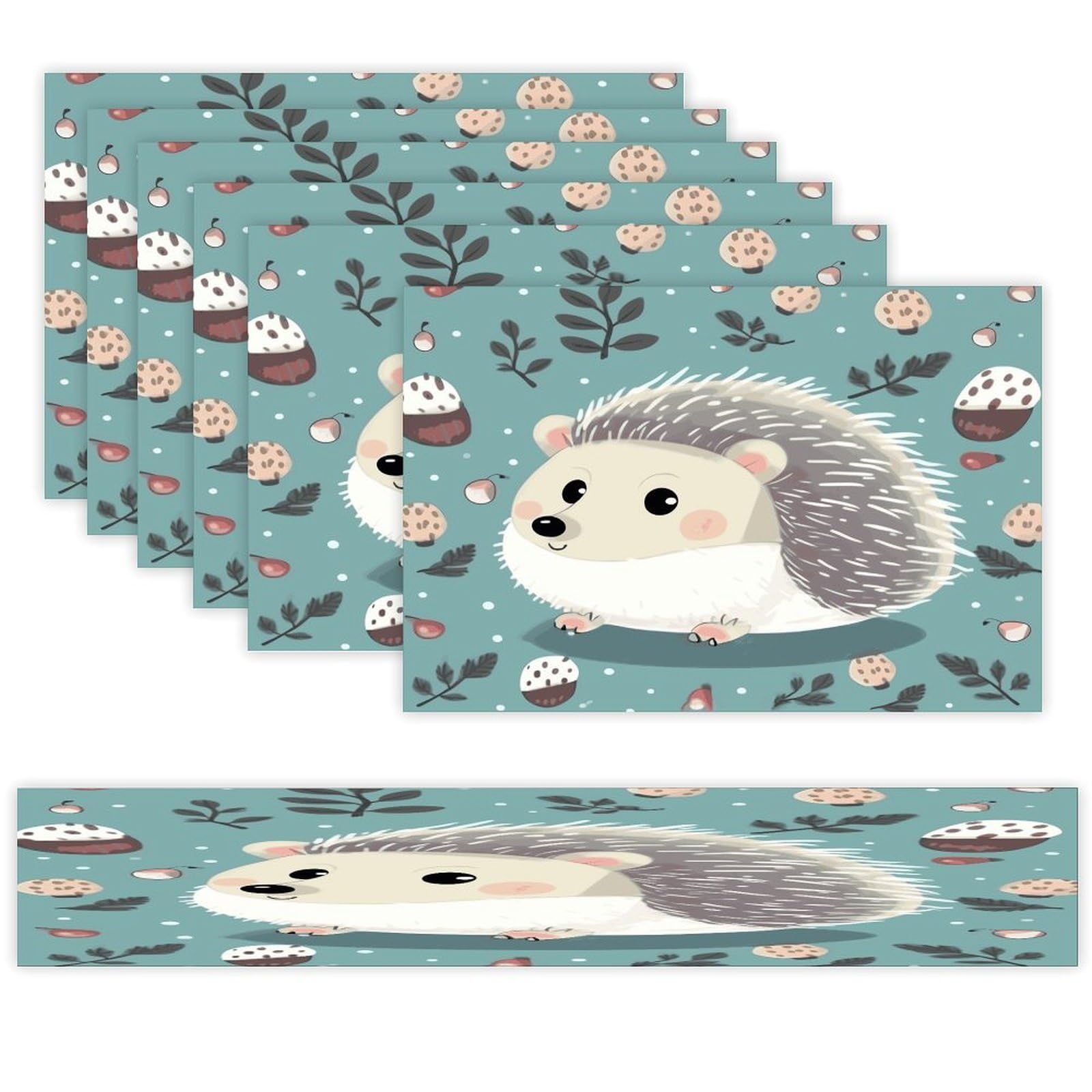 Cute Cartoon Hedgehog Table Runner and Placemats Set of 6 Heat Resistant Washable Table Runners Dining Mat Sets Modern Cloth Place Mats Linen Table Decor for Kitchen Dining Room