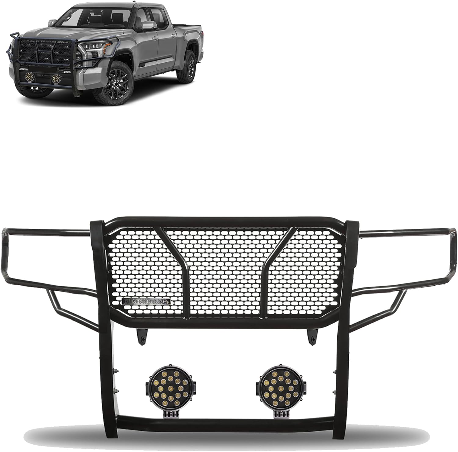 Black Horse RUGGED Heavy Duty Grille Brush Bumper Guard Modular Come With pair of 7.0"Dia.LED Lights with Black Trim Rings Compatible with 2022-2026 Toyota Tundra-RU-TOTU22-B-PLB
