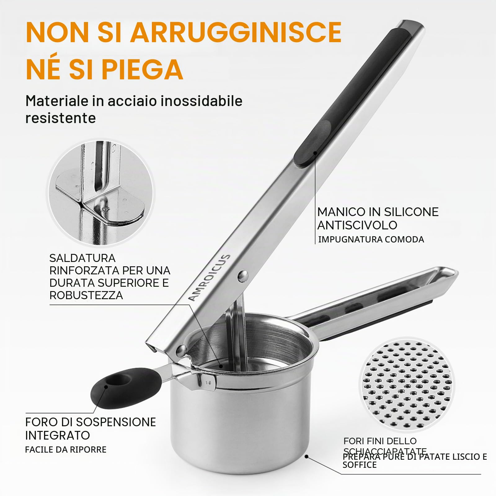 Schiacciapatate in Acciaio Inox, Grande Pressa Patate 450ml, Utensile da Cucina Robusto per Purè Morbido e Omogeneo, Passapatate e Gadget da Cucina, Macchina per Spaetzle e Gnocchi