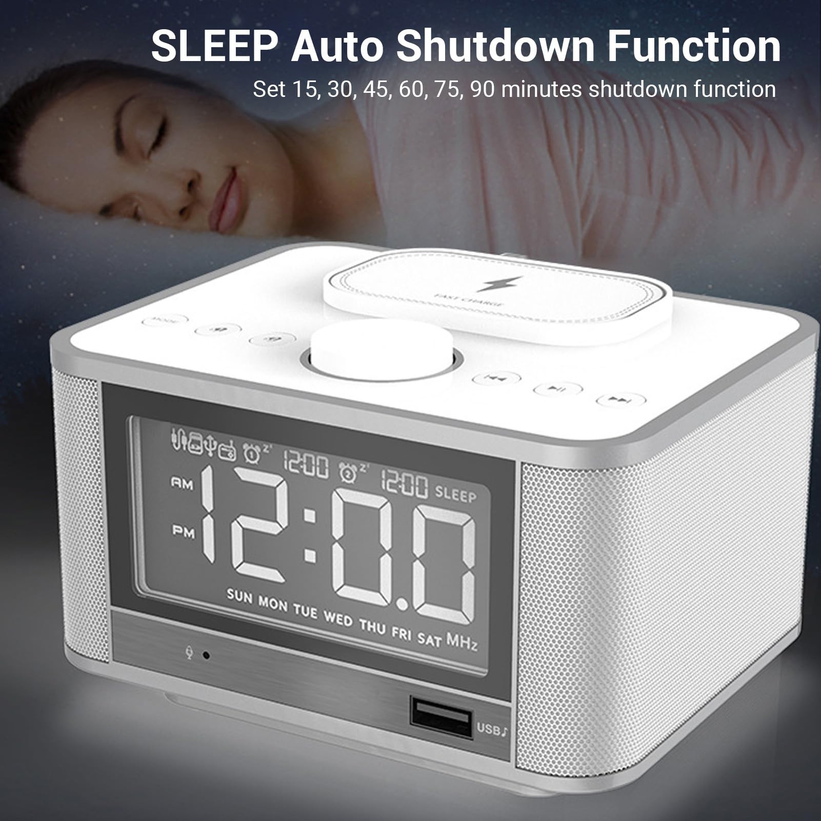 AMONIDA Sveglia con Altoparlante da 5 W, Radio FM con Ricarica Wireless, Display LCD e Porta AUX, per la Camera da Letto 'ufficio Domestico (Spina europea)