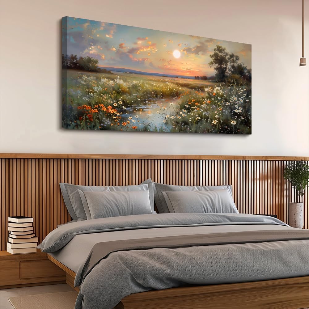 hyidecorart Vintage Farmhouse Wildflower Wall Paintings Canvas Wall Art for Living Room Wall Decor for Bedroom Office Decorations Nature Landscape Picture Artwork Aesthetic Home Decor Ready To Hang