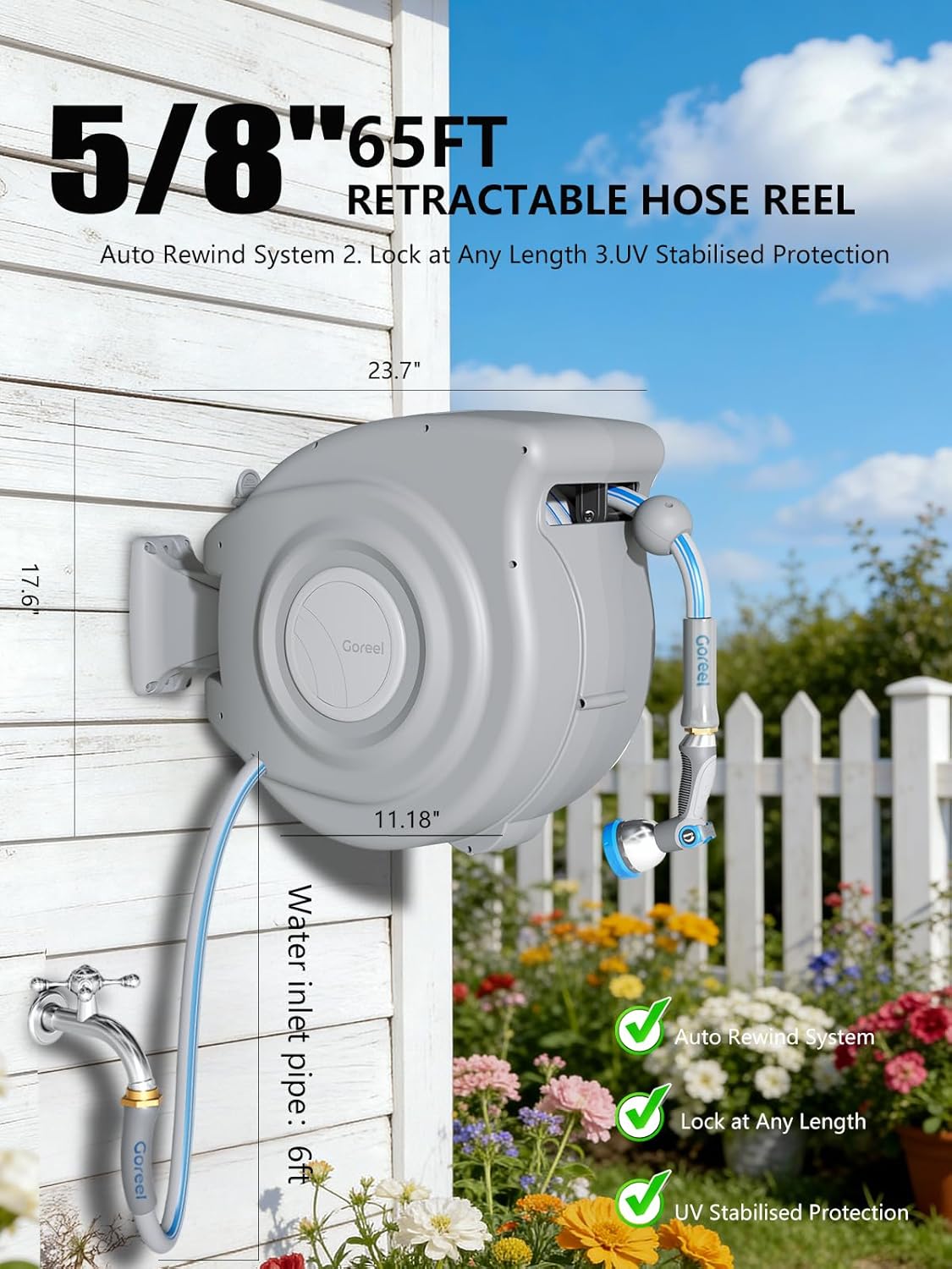 Retractable Garden Hose Reel 5/8 in x 65 ft Heavy Duty Automatic Water Hose Reel with 10-Function Sprayer Nozzle Kink-Free Auto Rewind Any-Length Lock 180° Swivel UV Resistant - Light Gray