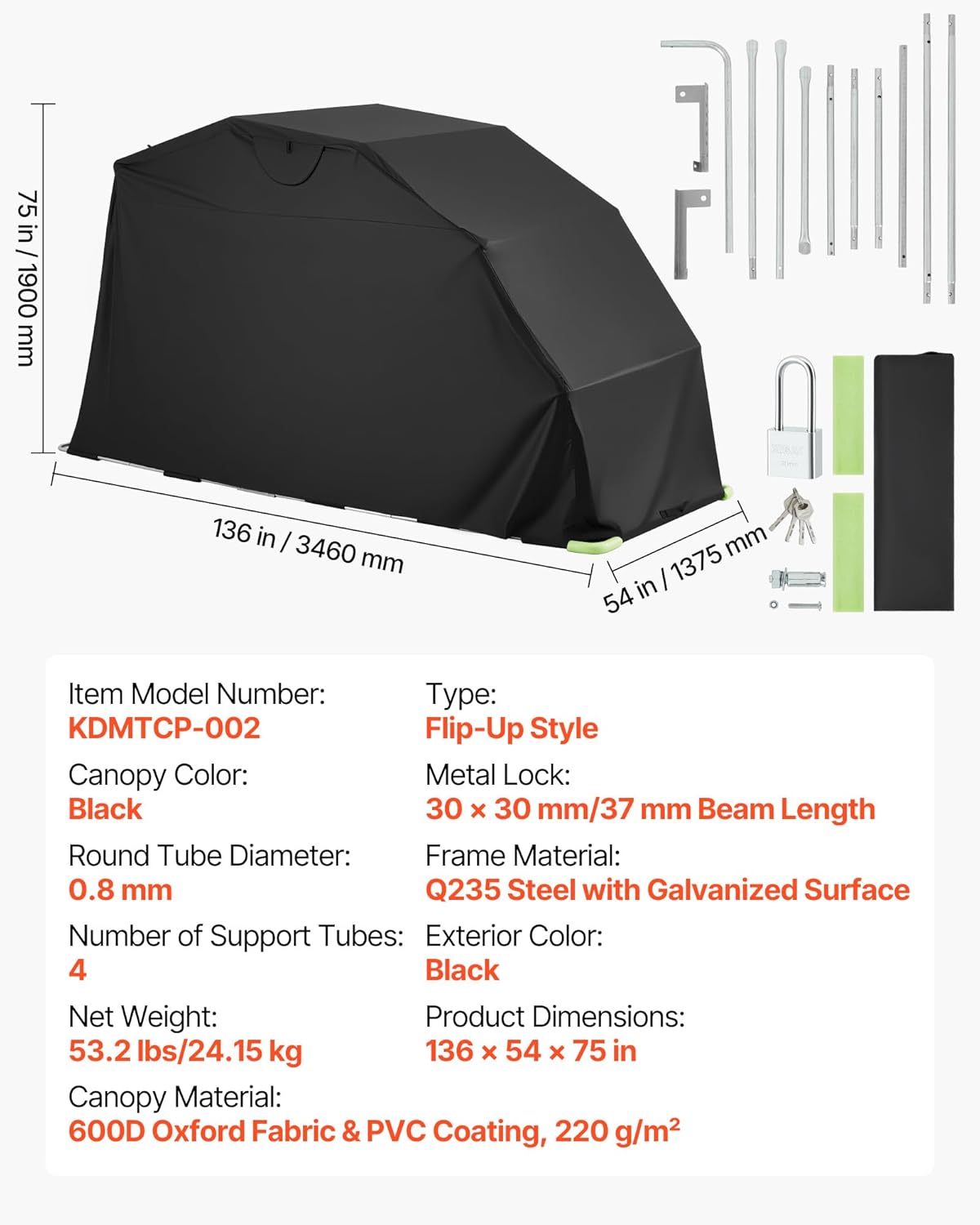VEVOR Motorcycle Storage Shelter 136 x 54 x 75 in with Security Lock, 600D Oxford Flip-Up Garage Tent, Heavy-Duty All-Weather Motorcycle Cover Shed with 2 Side Windows, Outdoor Vehicle Shelter, Black
