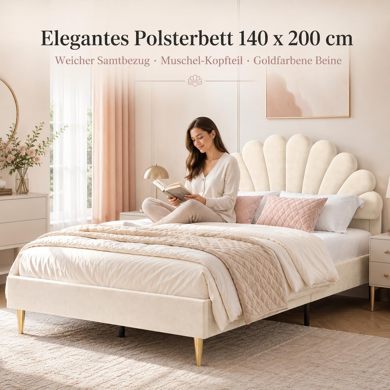 Polsterbett 140x200 mit Kopfteil in Blumenform, Doppelbett 140x200 für Mädchen, Kinderbett Bettgestell mit Lattenrost, Jugendbett Gästebett aus Samtstoff, für kinder/Erwachsenen, Ohne Matratze